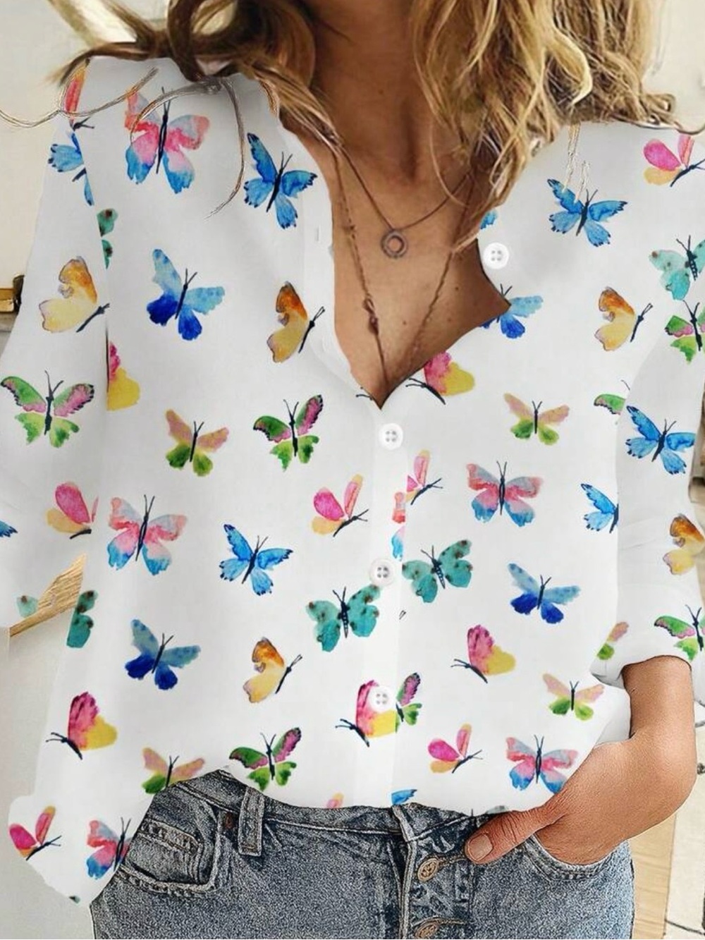 Plus Colorful Butterfly Print Button Down Boyfriend Shirt